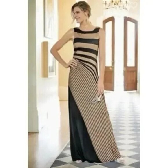 Soft Surroundings Here To Infinity Striped Maxi Dress Black Tan Size Pet Lg - Picture 1 of 8